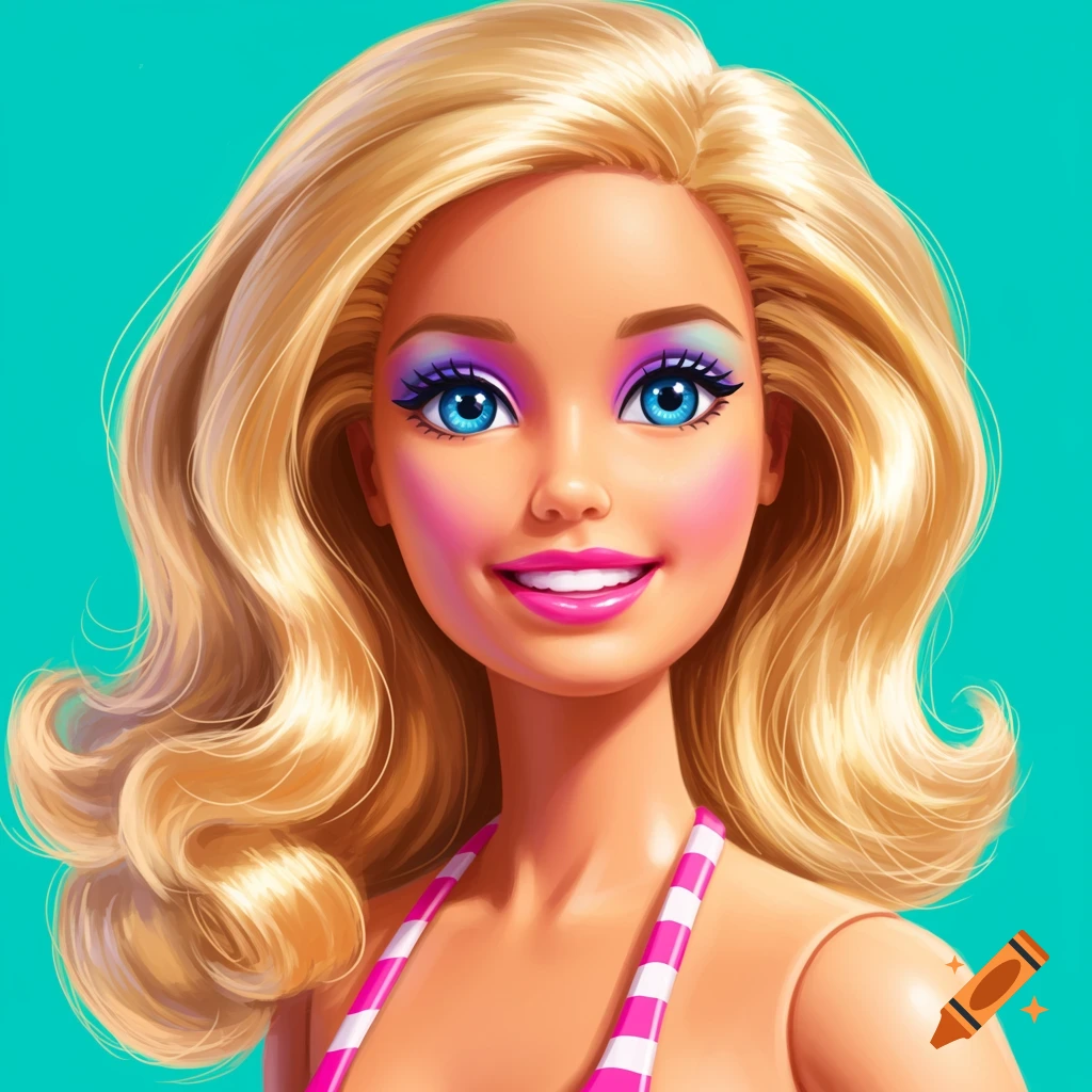 Portrait of a Barbie doll with blonde hair, blue eyes, and colorful makeup, wearing a pink and white striped top.