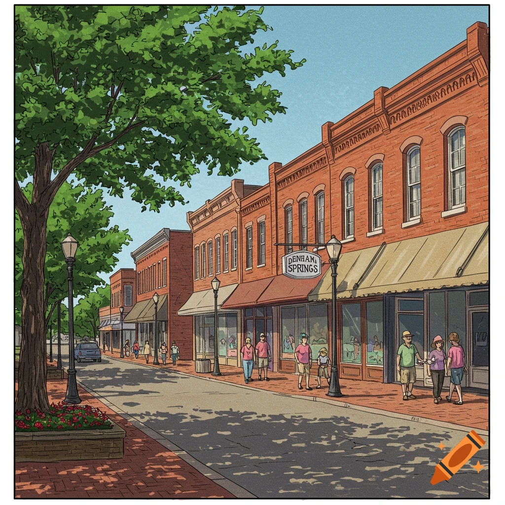 Illustration of a street in a town with brick buildings, people, trees, and a sign for DENHAM SPRINGS.