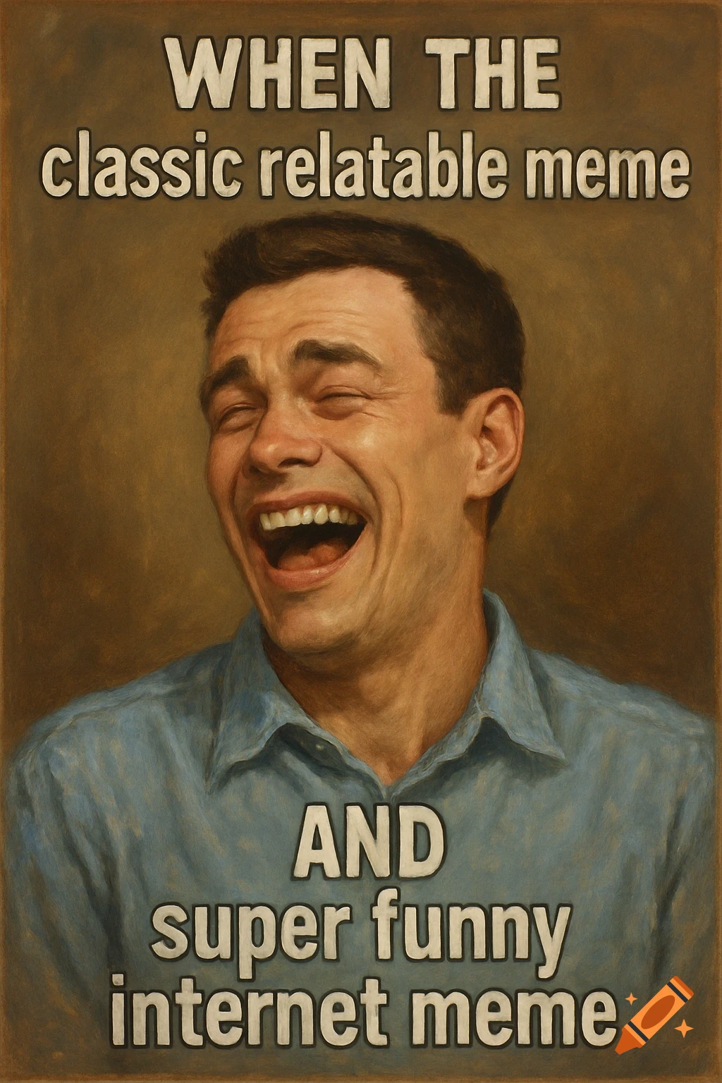 A man laughs in a painting with meme text above and below him.