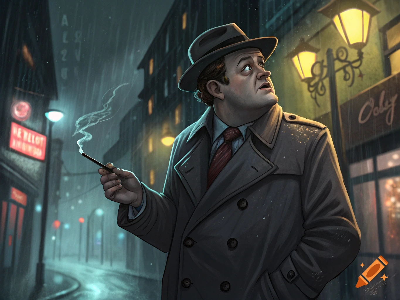 Illustration of a man in a trench coat and fedora smoking in the rain on a city street at night.