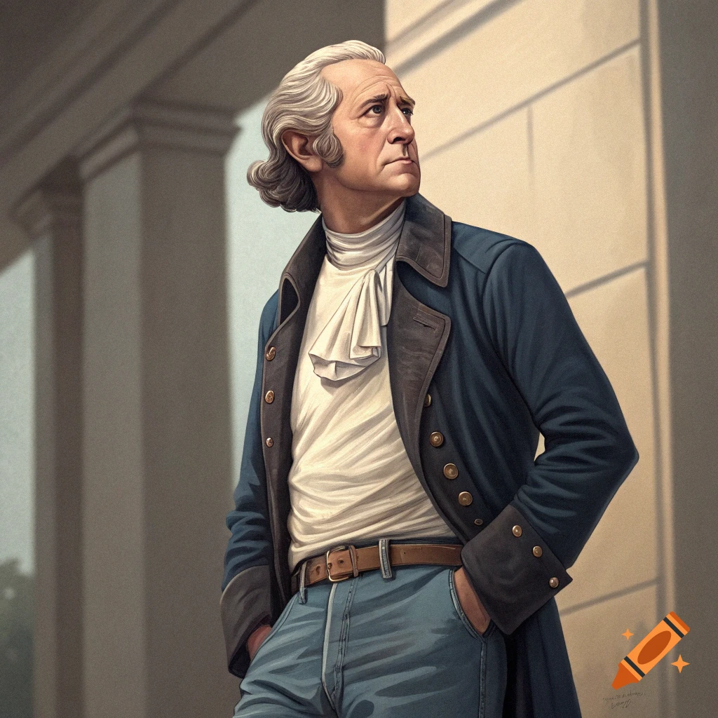 Illustration of George Washington in a blue coat, white shirt, and jeans, standing outside a building