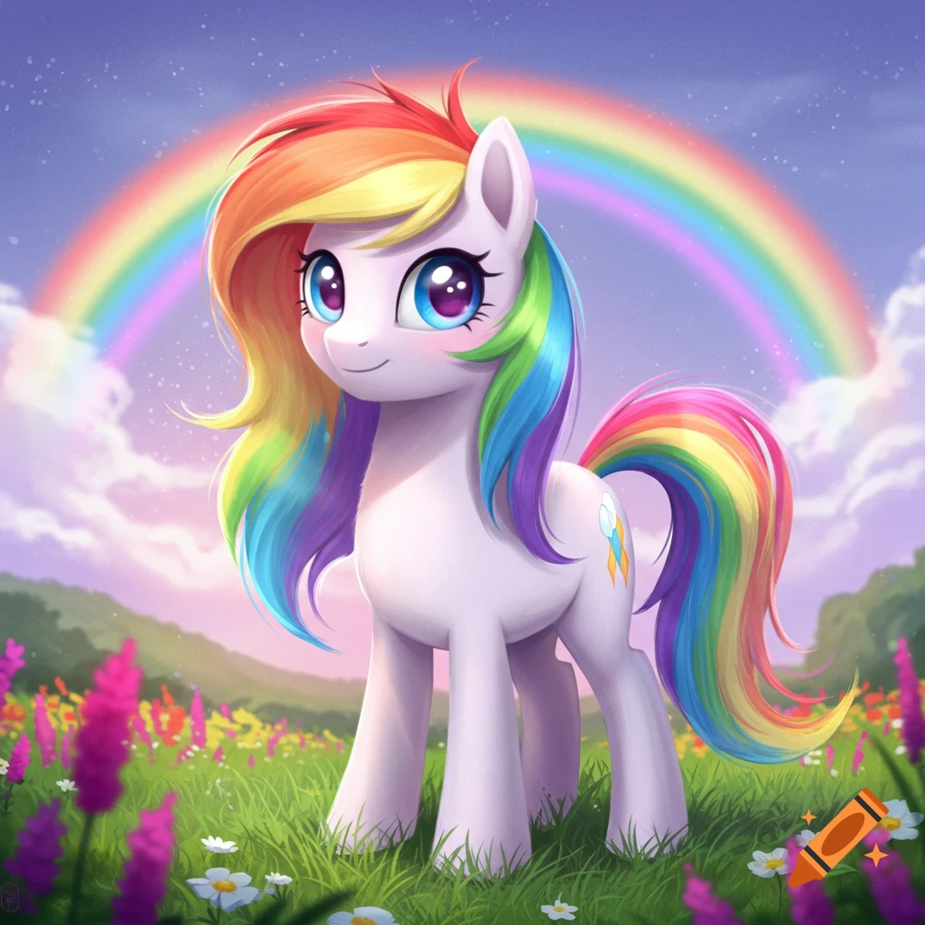 Cartoon pony with rainbow mane and tail stands in a field with flowers under a rainbow.