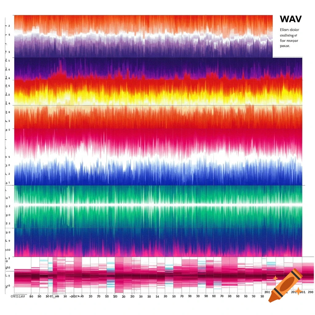 Stacked colorful waveform visualization with axis labels.