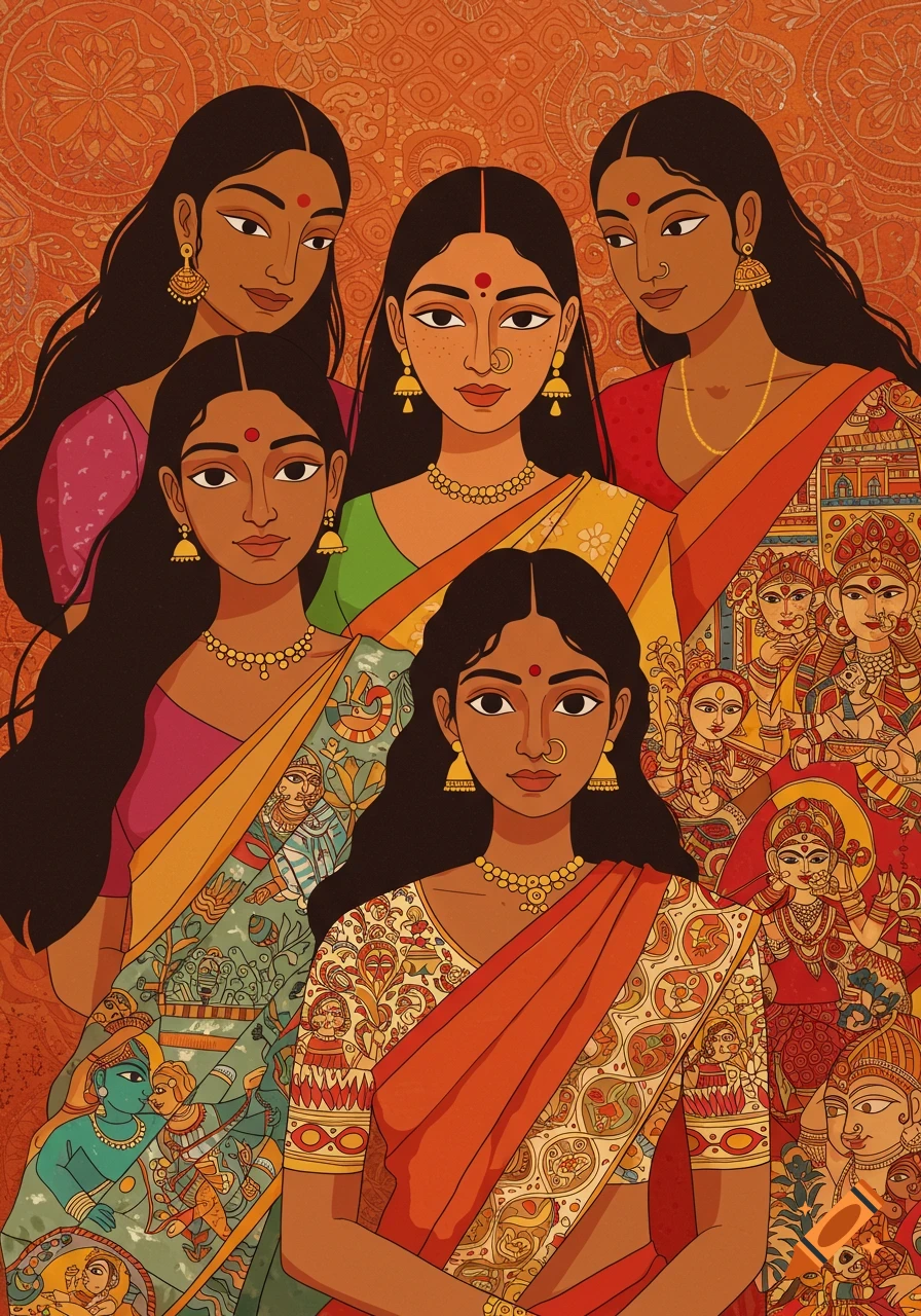 Several Indian women in traditional clothing depicted in the style of Kalamkari art