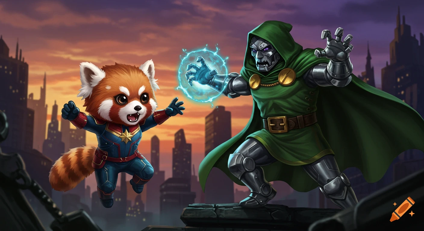 Cartoon red panda dressed as Captain Marvel jumps towards Dr. Doom who raises a glowing hand, in a cityscape at sunset.