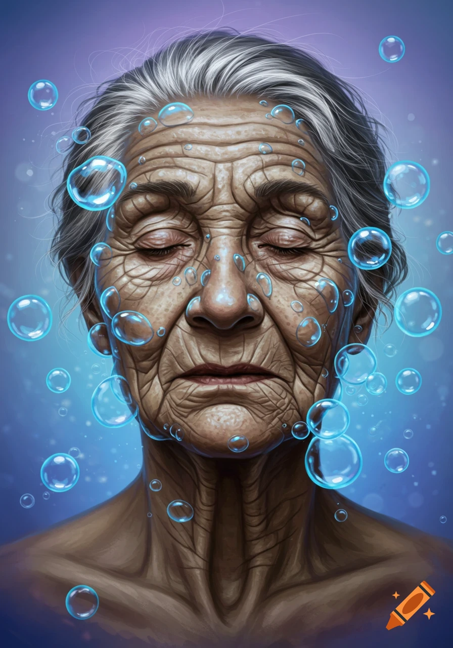 Detailed portrait of an old woman's face covered in glowing blue bubbles.
