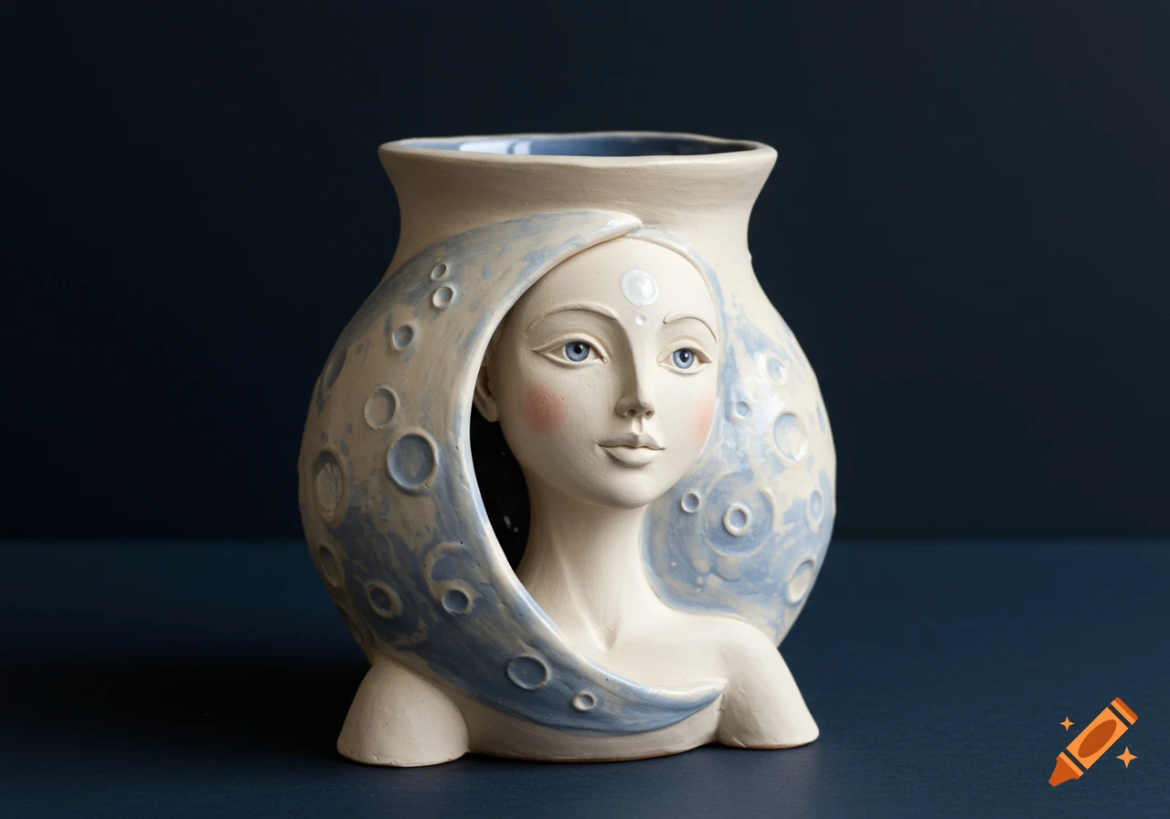 Ceramic vase shaped like a woman emerging from a crescent moon
