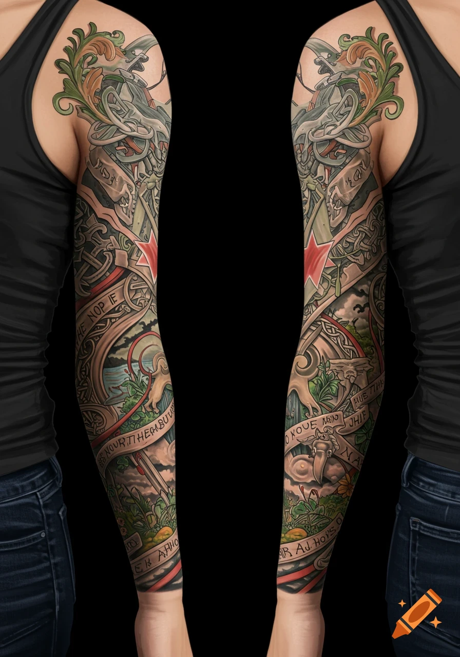 Detailed Northern Ireland theme sleeve tattoo on a female arm with celtic knotwork, landscape, and banner text.