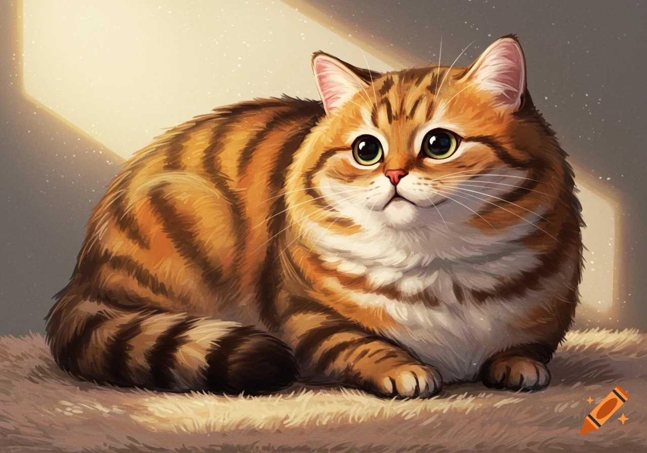 An illustration of a fluffy, chubby orange tabby cat with big eyes ...