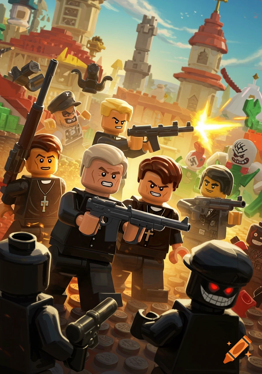 LEGO priests and soldiers with guns fight LEGO Nazis in a town.