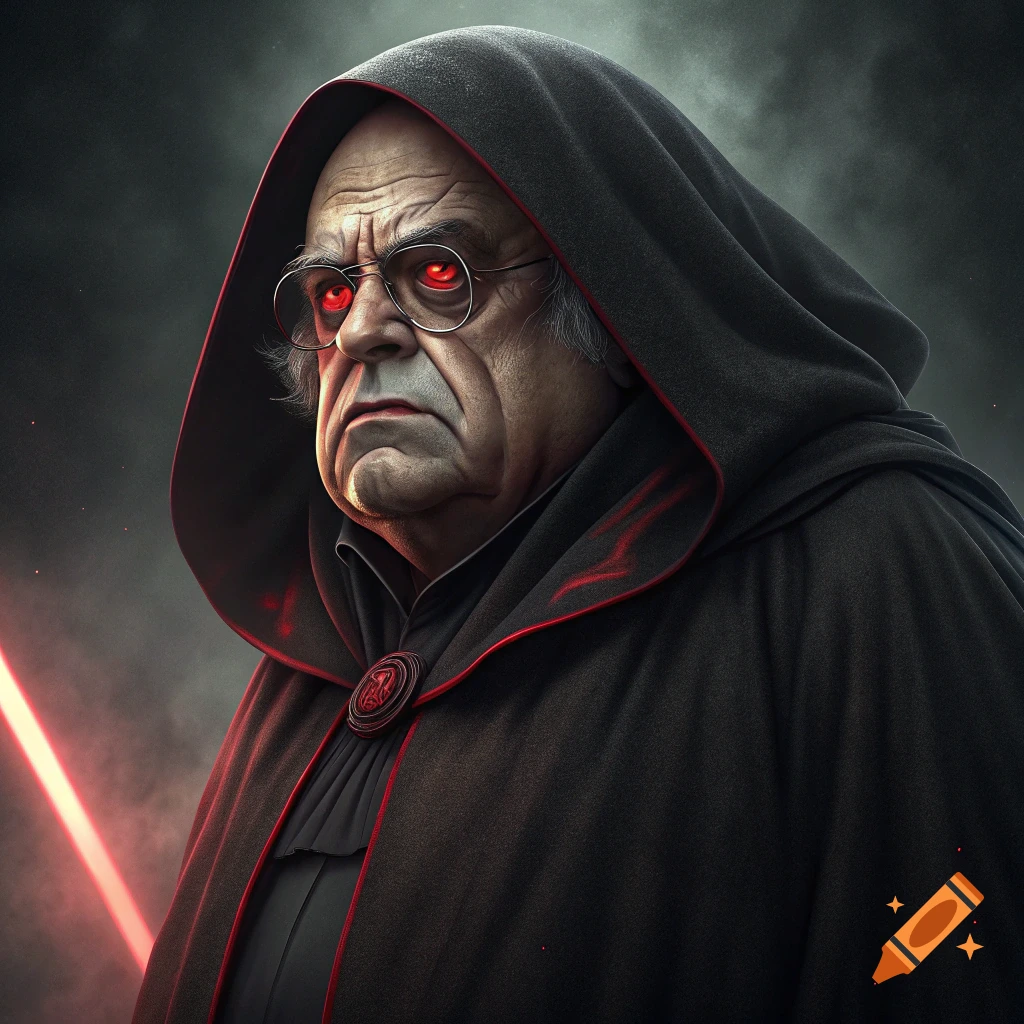 Realistic digital painting of a man resembling Danny DeVito as a Sith Lord with glowing red eyes and a red lightsaber.
