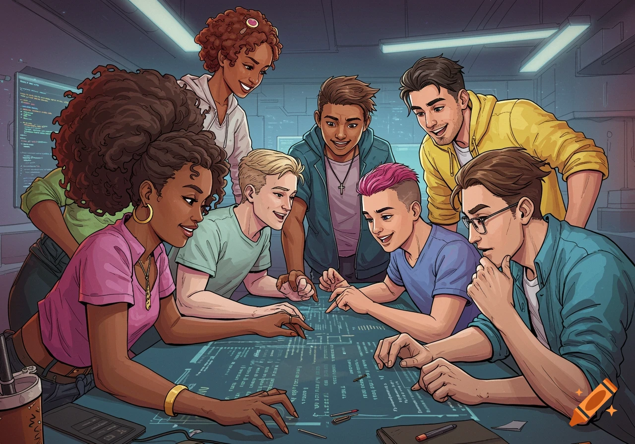 Stylized illustration of a diverse development team looking at code on a table in an office.