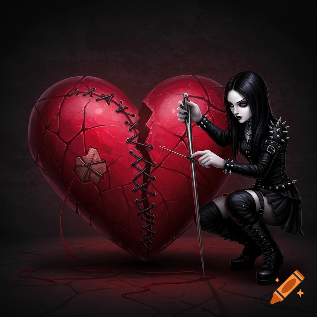 Gothic girl stitching a broken red heart with needle and thread.