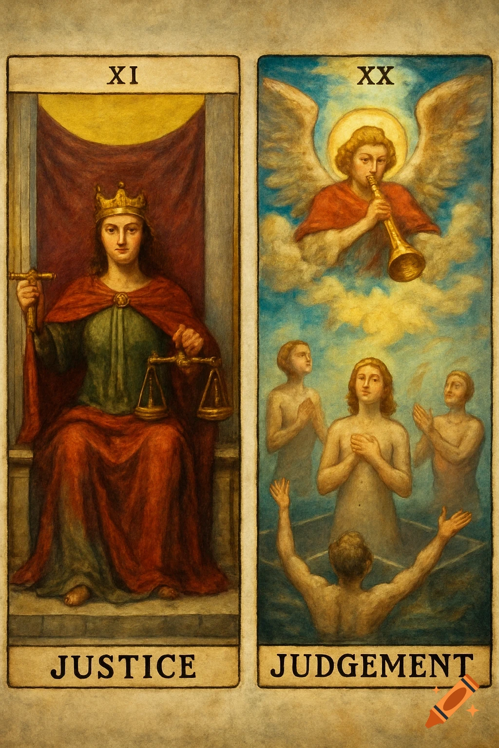 Two tarot cards: Justice (XI) shows a robed figure, Judgement (XX) shows an angel and figures. Painterly style.