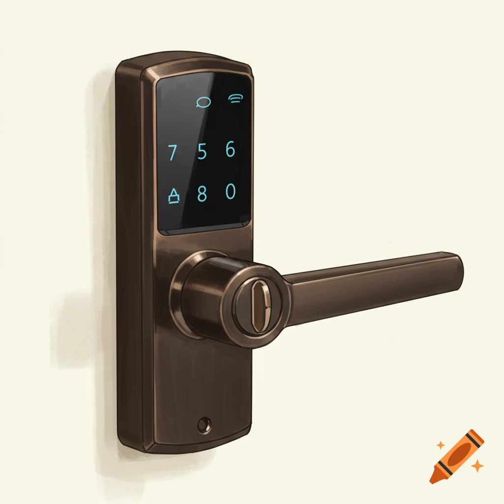 Illustration of a digital smart door lock with a keypad and handle.