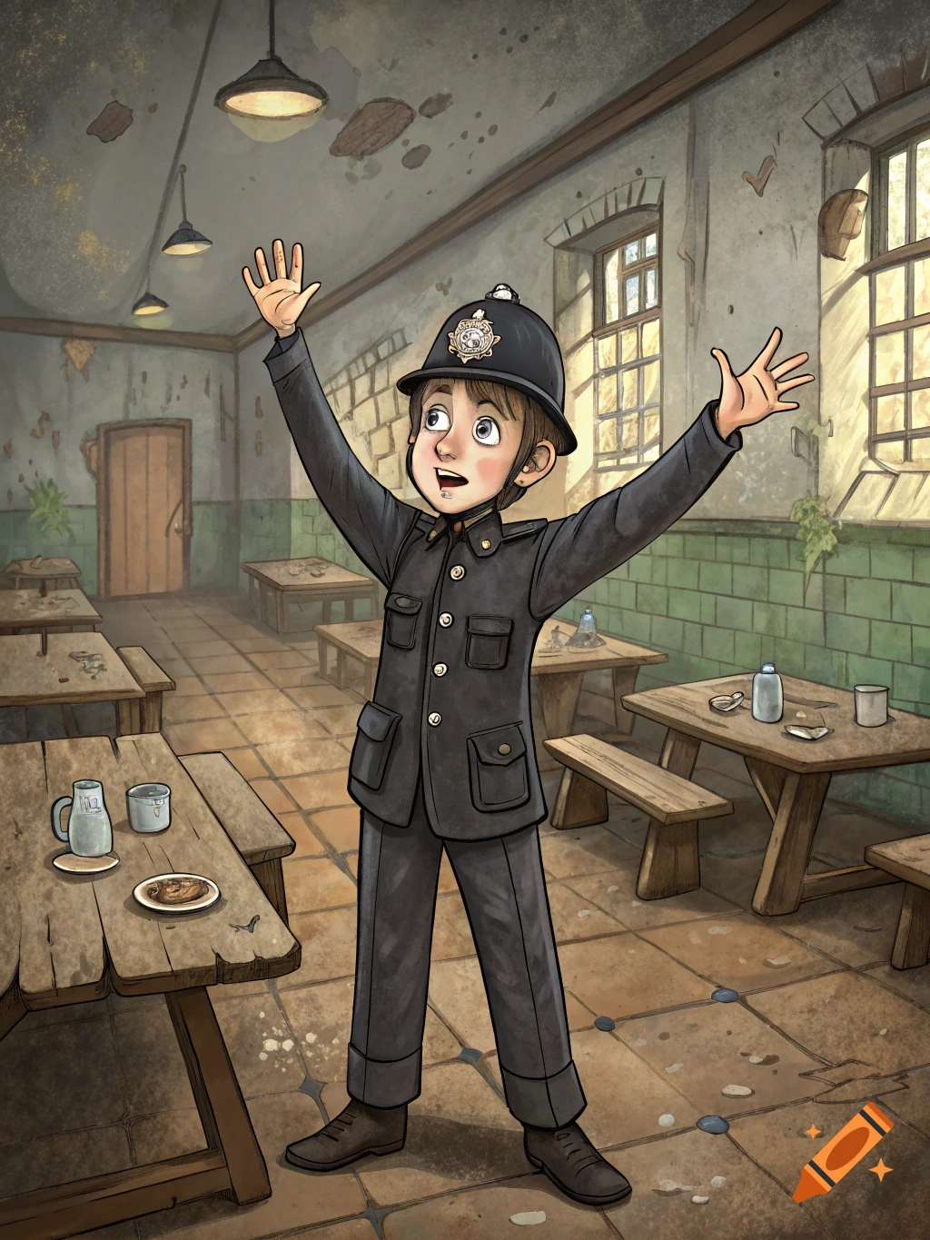 Illustration of a young boy in a police uniform standing in an orphanage dining hall with arms raised.