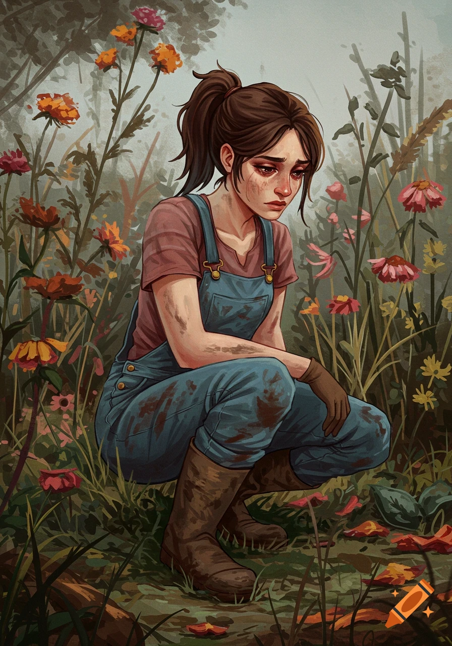 Illustration of a sad young woman in dirty overalls crouching among flowers in a garden.