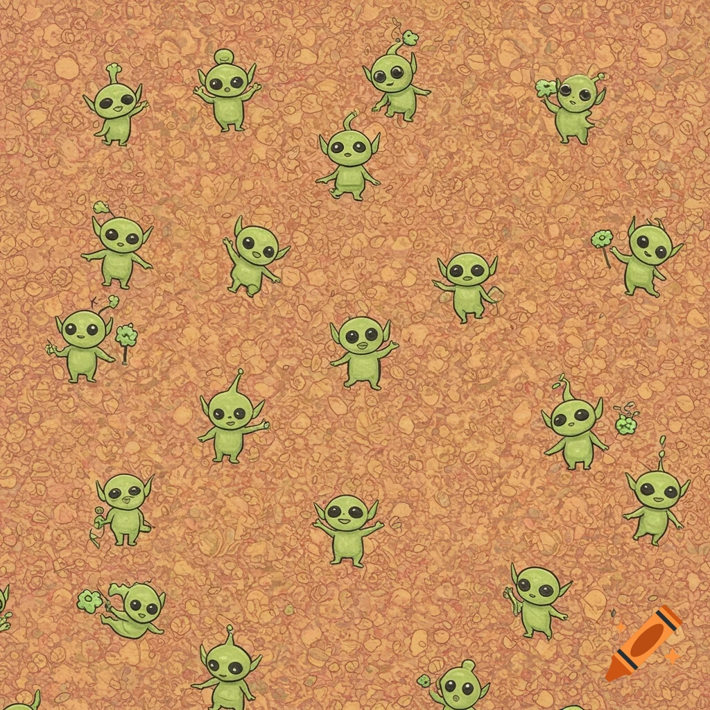 A seamless pattern of cute green cartoon aliens against a textured orange background.