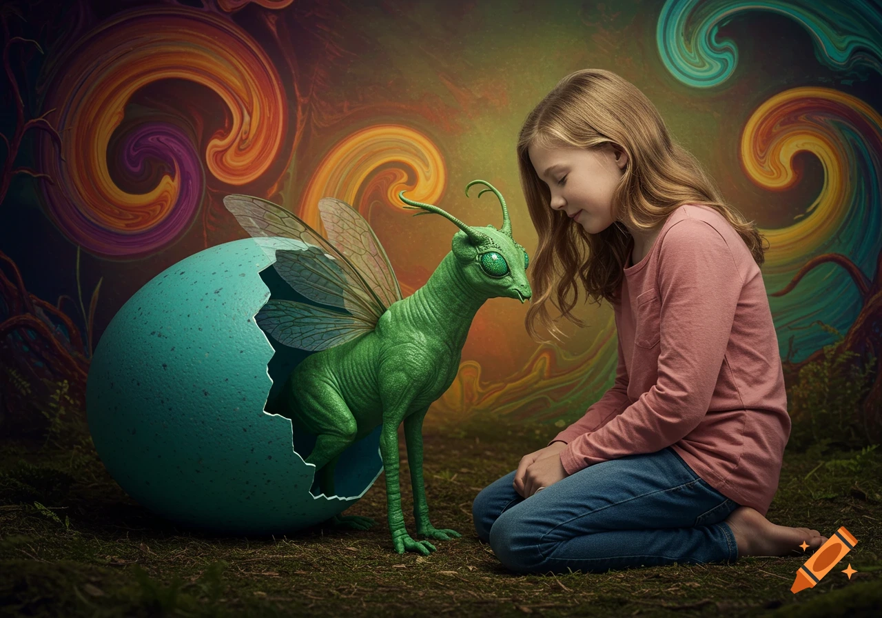 A girl kneels beside a hatching egg with a green winged creature emerging, against a background of colorful swirls.
