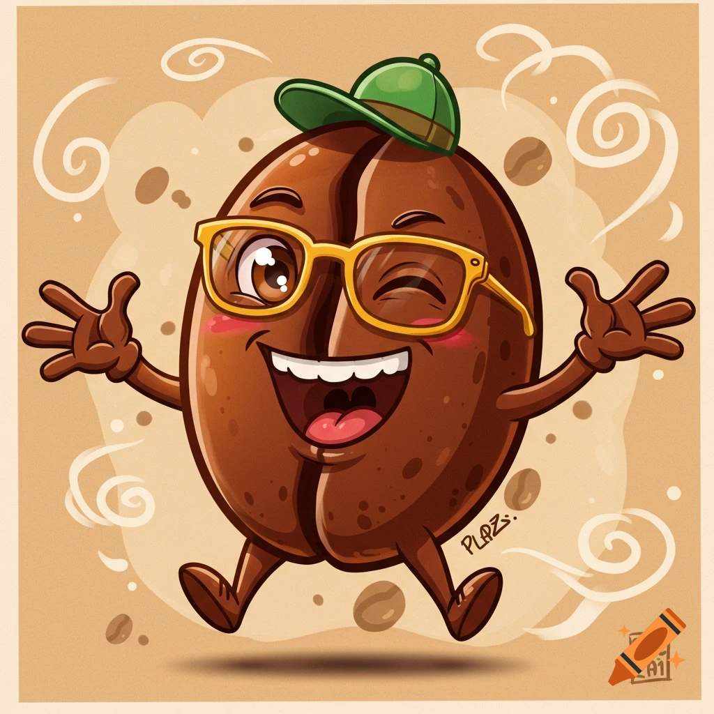 Cartoon illustration of a happy coffee bean character wearing glasses and a hat, winking.