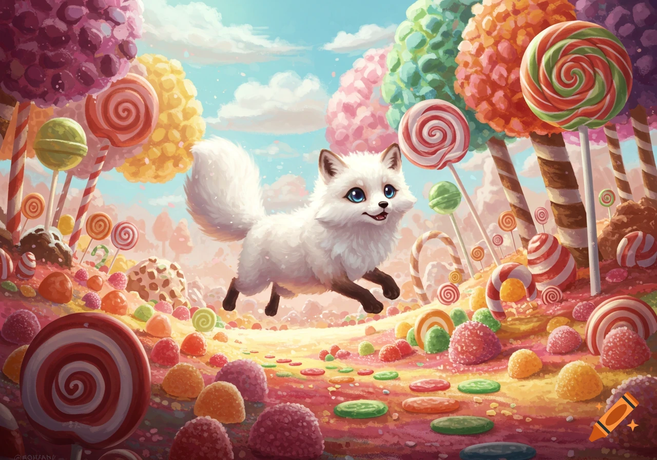 Cute white fox leaping through a colorful candy land filled with lollipops and gumdrops, illustration.