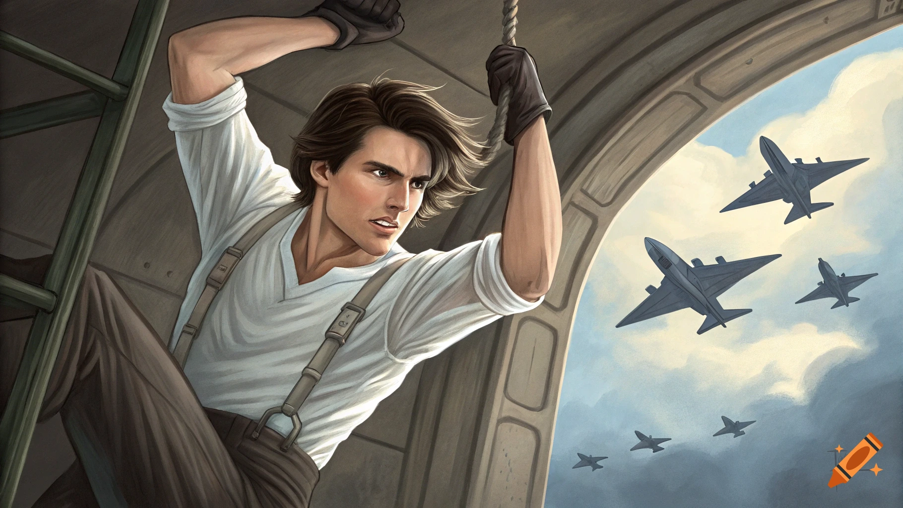 Digital painting of a man resembling Tom Cruise hanging from a rope in an aircraft as fighter jets fly outside.