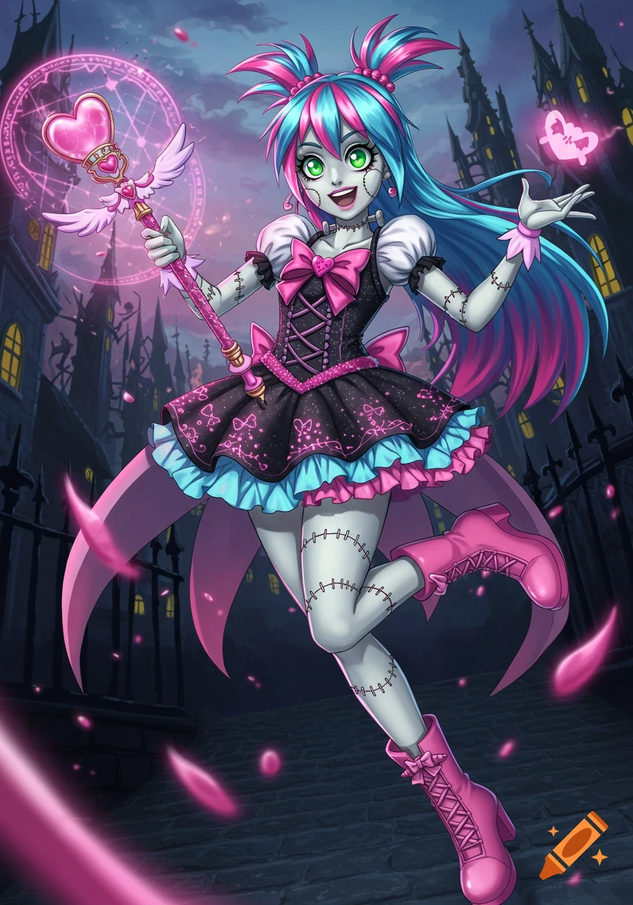 A magical girl version of Frankie Stein, with blue and pink hair, holding a heart-topped staff, stands in front of a spooky building.