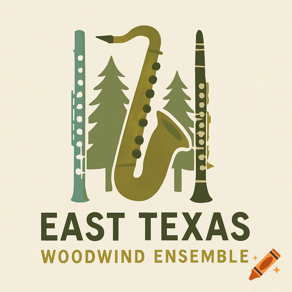 Logo design with saxophone, flute, clarinet, and pine trees with text "East Texas Woodwind Ensemble".