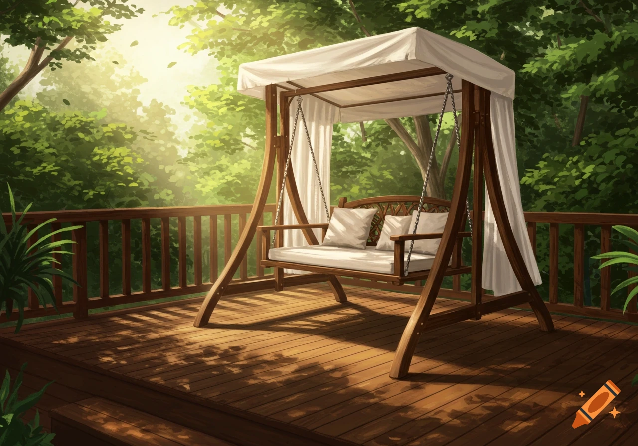 Covered wooden porch swing on a deck surrounded by trees, sunlight filtering through.