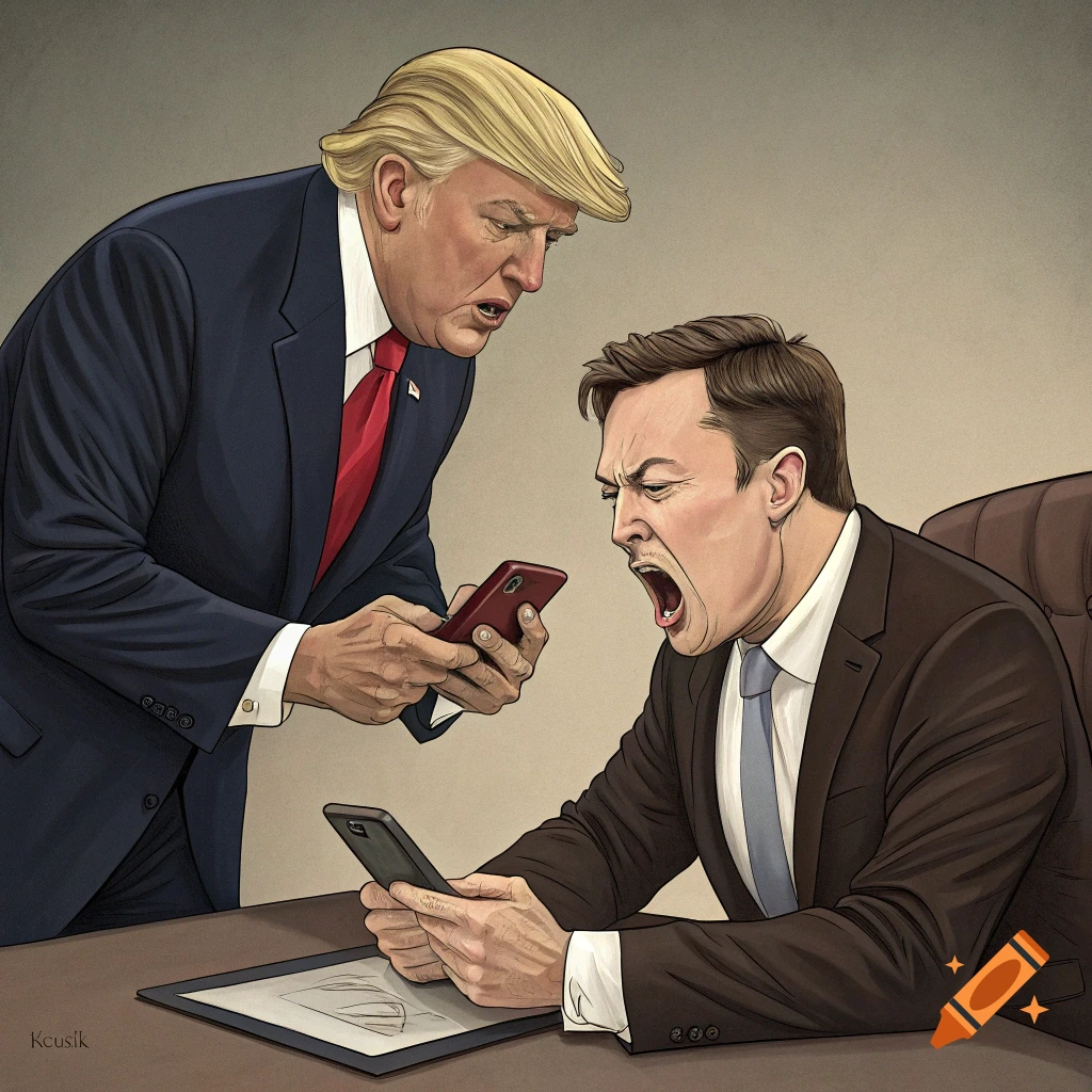Cartoon of Donald Trump and Elon Musk arguing while looking at their smartphones.