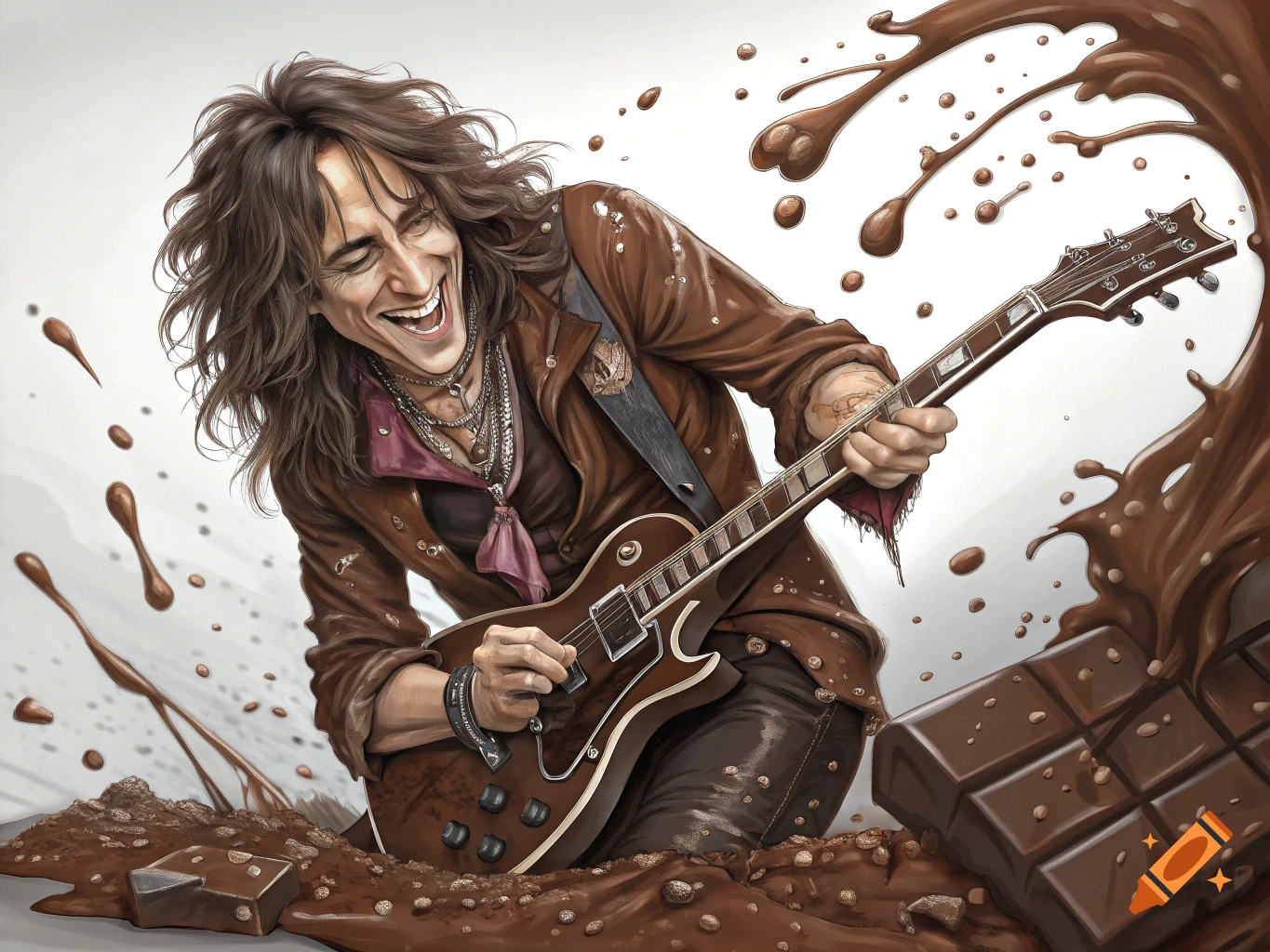 A person covered in chocolate plays an electric guitar with chocolate splashing around.