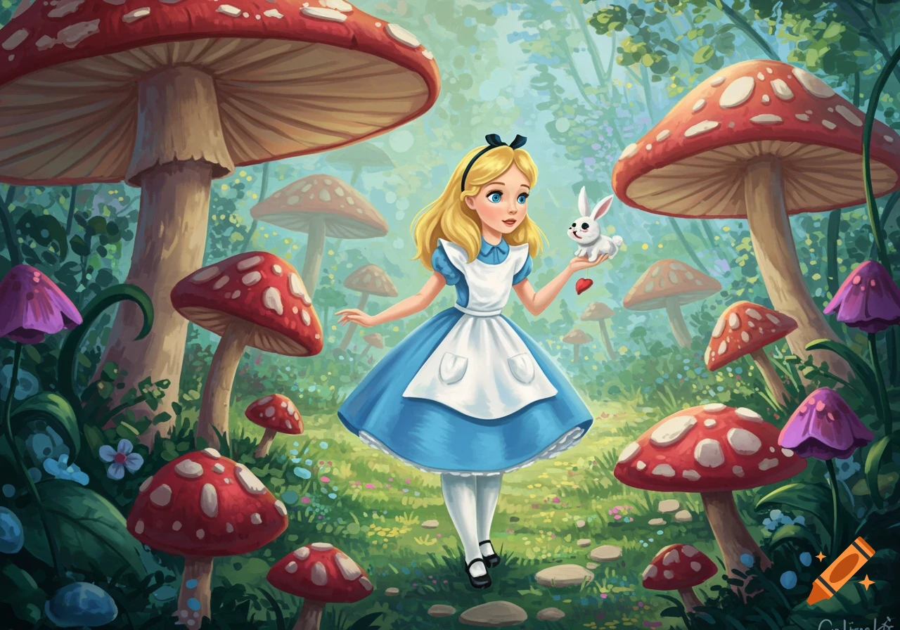 Alice in a blue dress holds a white rabbit in a fantasy forest with large red and white mushrooms.