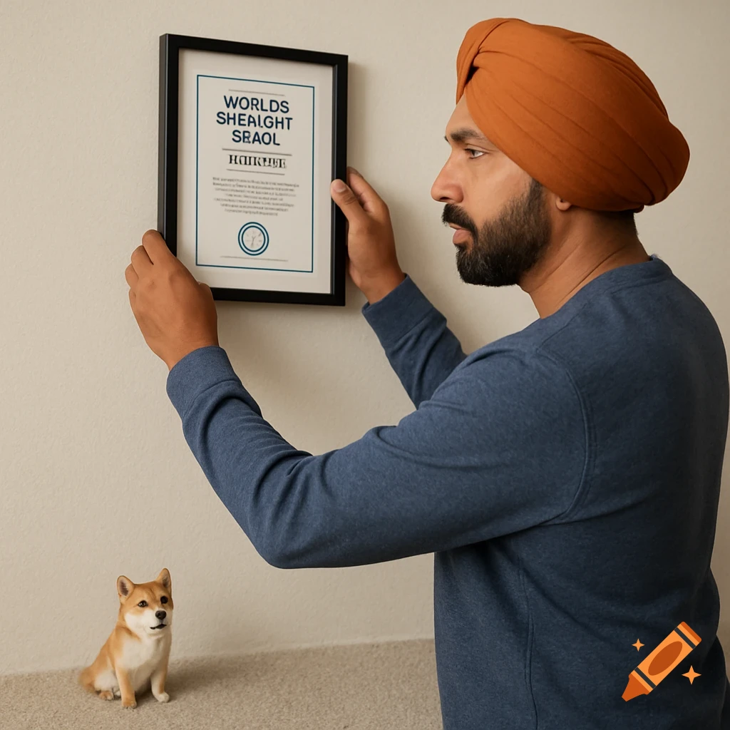 A man in an orange turban holds a framed certificate as a small shiba dog sits nearby.