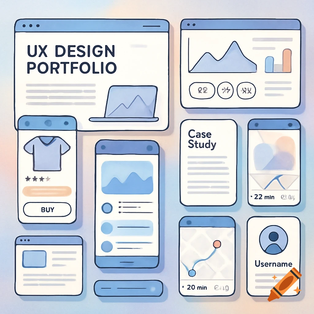 Illustration of various UI/UX design screens, including websites and ...
