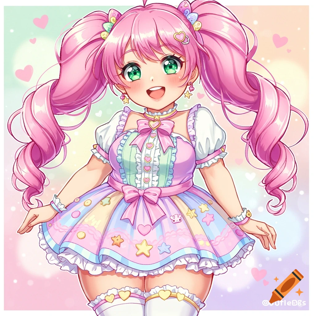 Anime girl with pink pigtails in a pastel dress with hearts and stars.