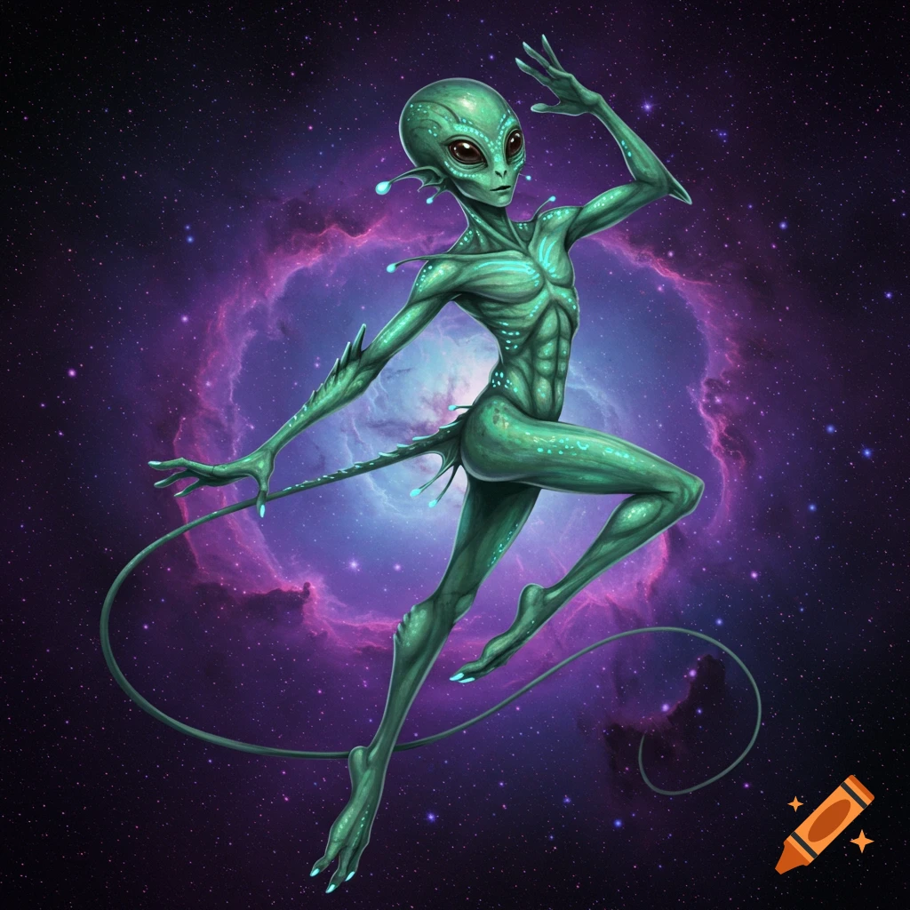 A green alien creature posed against a nebula and stars in space.