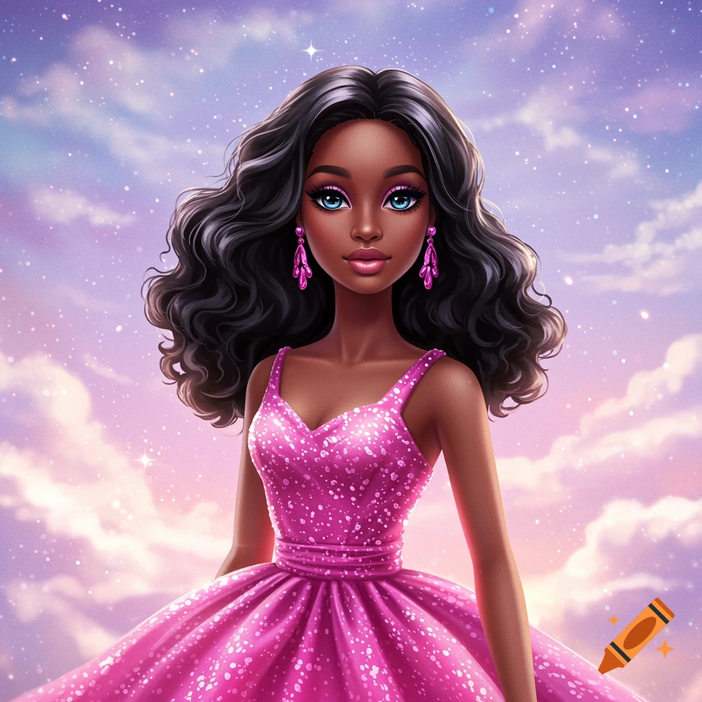 An illustration of a Black doll with long dark hair in a sparkly pink dress against a starry purple and pink sky.
