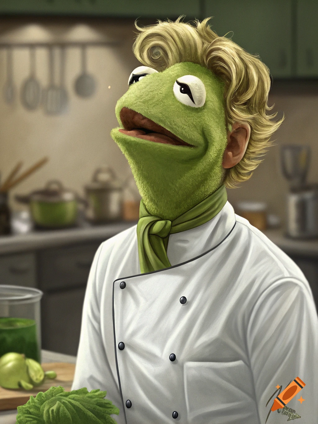 A Kermit the Frog and Gordon Ramsay fusion character dressed as a chef stands in a kitchen.