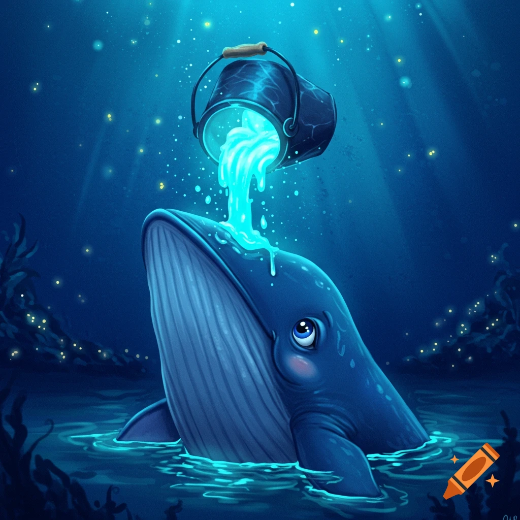 Cartoon whale getting water poured into its mouth from a bucket in the  ocean, digital art. on Craiyon, image size:1024x1024