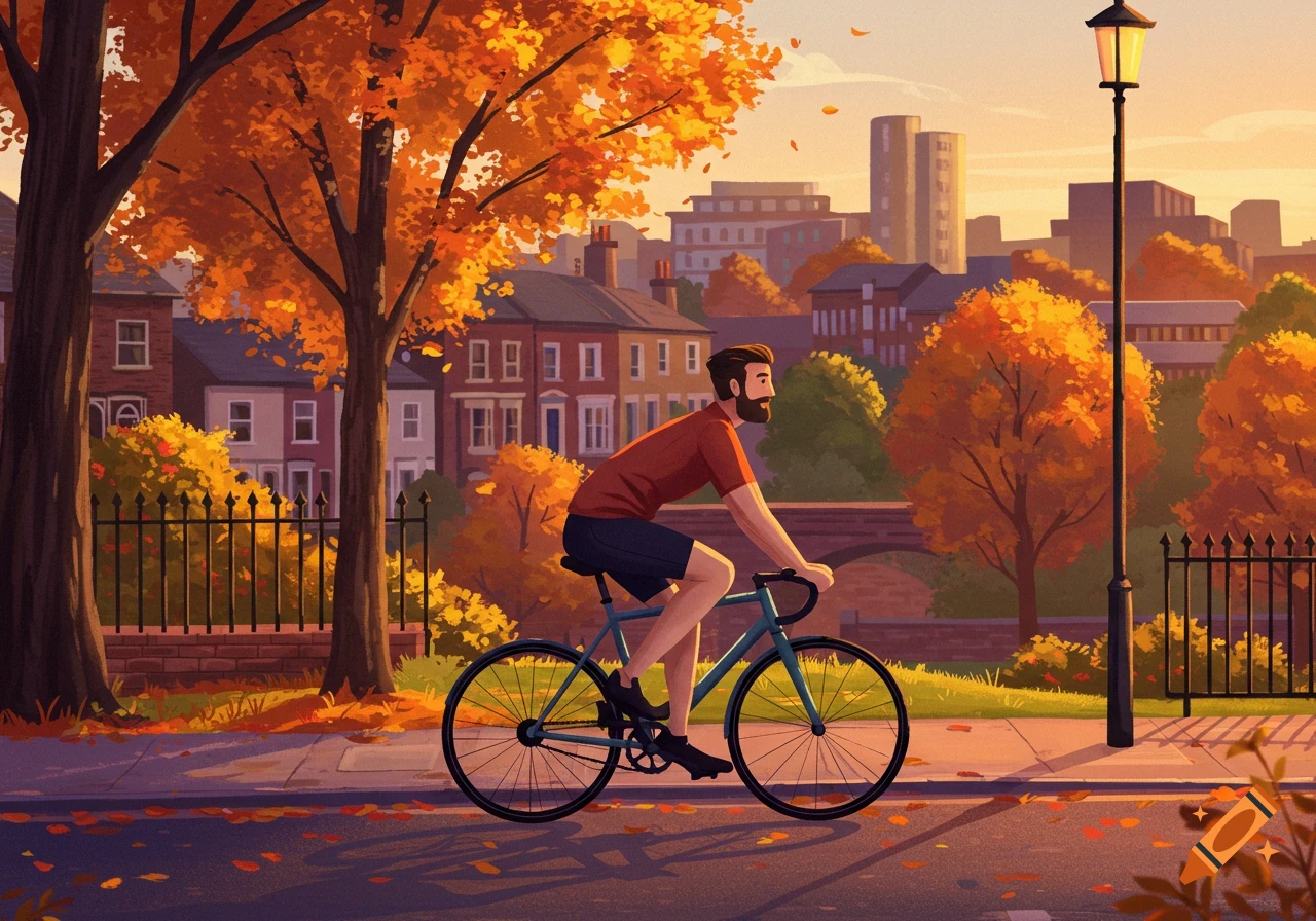 Illustration of a person cycling down a street in an autumn city with trees and buildings.