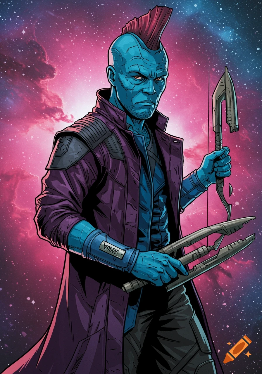 Comic book style illustration of Yondu from Marvel's Guardians of the Galaxy holding his arrow in front of a cosmic background.