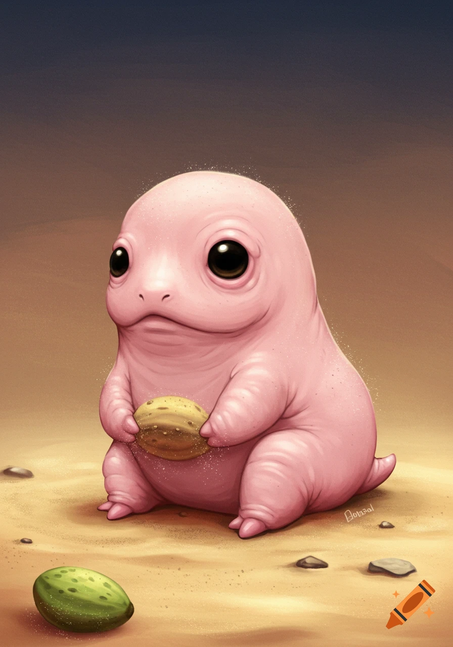 Cute pink fantasy creature sitting on sand, holding a seed