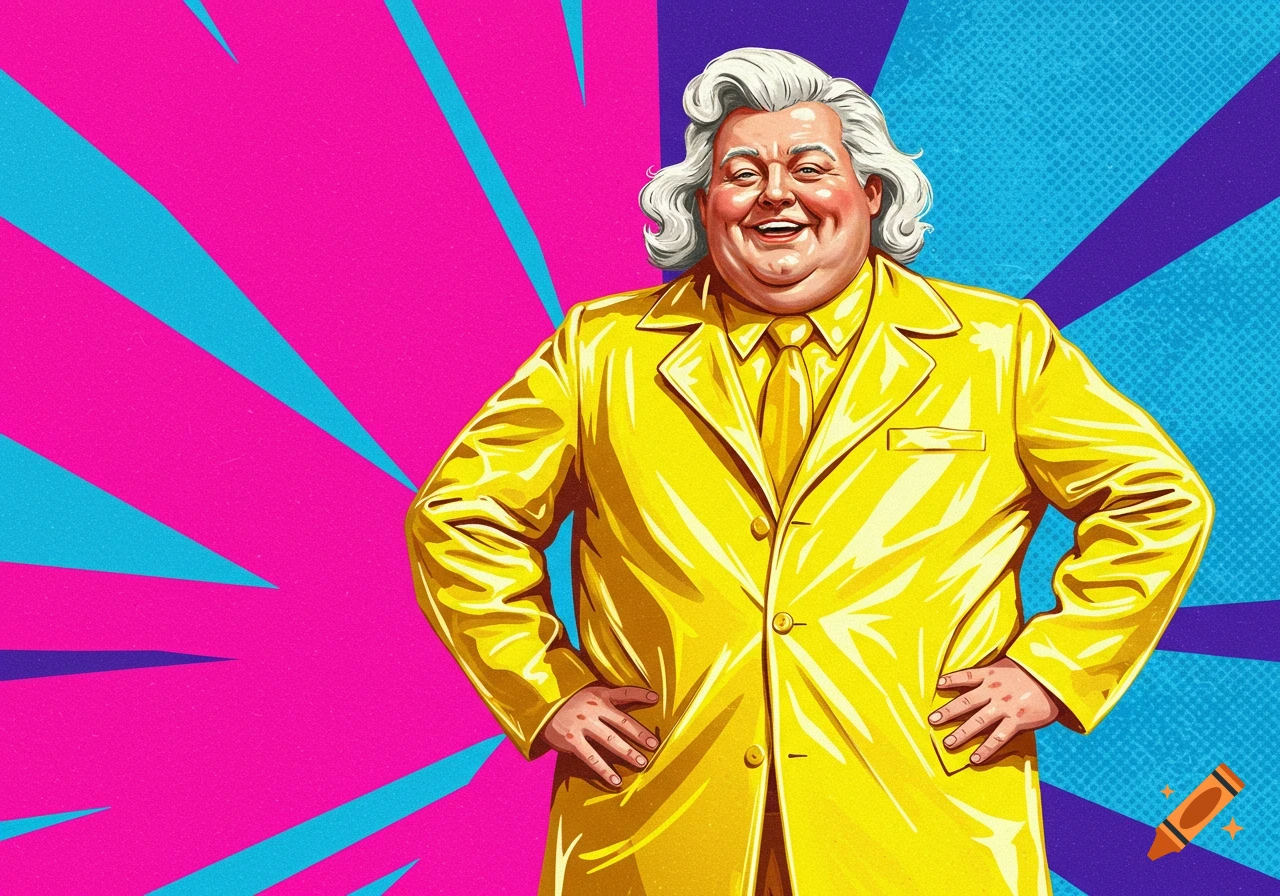 Illustration of a smiling man in a yellow suit against a colorful pop art background.