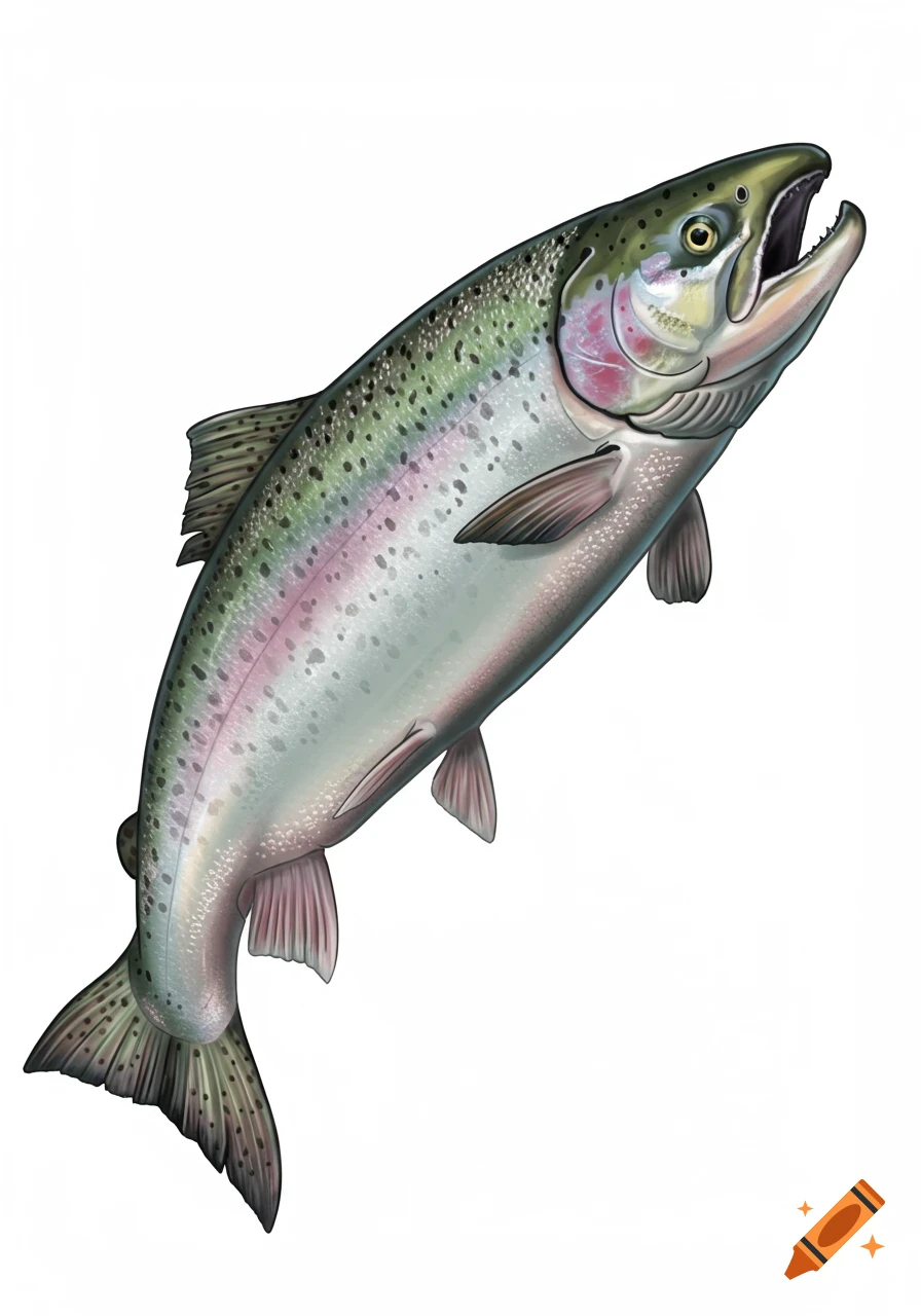 Illustration of a rainbow trout or salmon jumping with its mouth open on a white background.