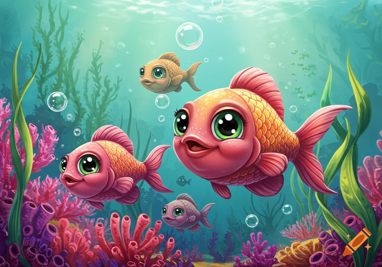 Cute cartoon goldfish swimming underwater among coral and seaweed with bubbles.