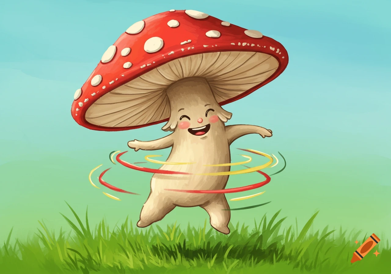Cartoon mushroom with a red spotted cap dancing in a grassy field with swirling ribbons.
