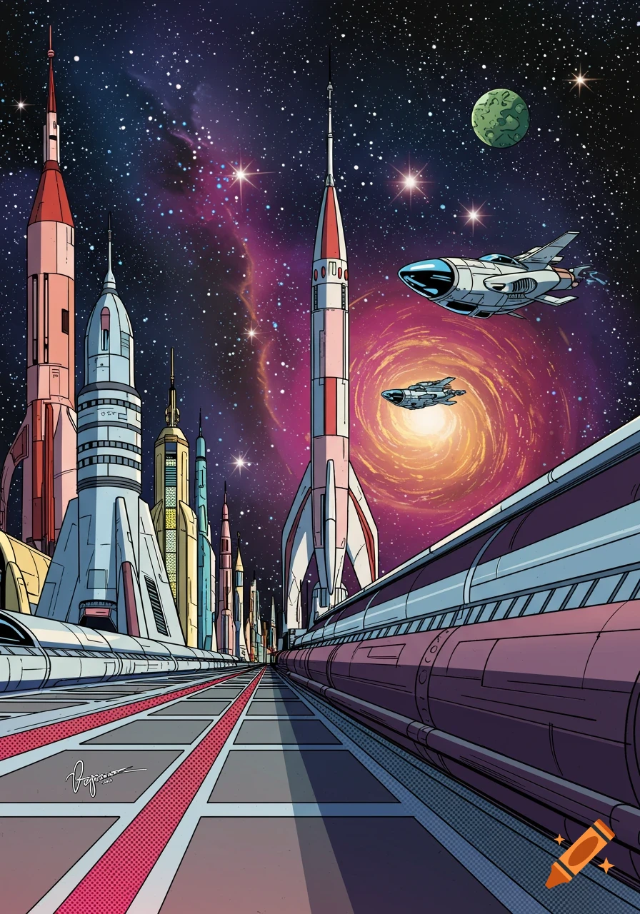 Pop art illustration of futuristic rocket-like buildings and spaceships in outer space with a colorful nebula.