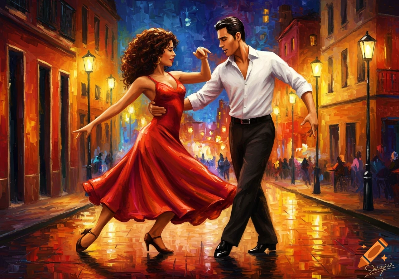 Couple salsa dancing on a lamplit street at night, in an oil painting style.