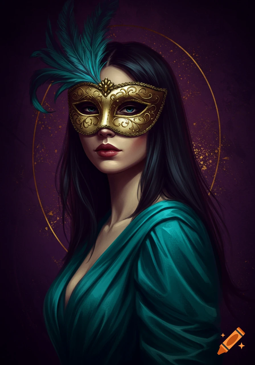 Portrait of a woman wearing a gold mask with teal feathers and a teal dress.
