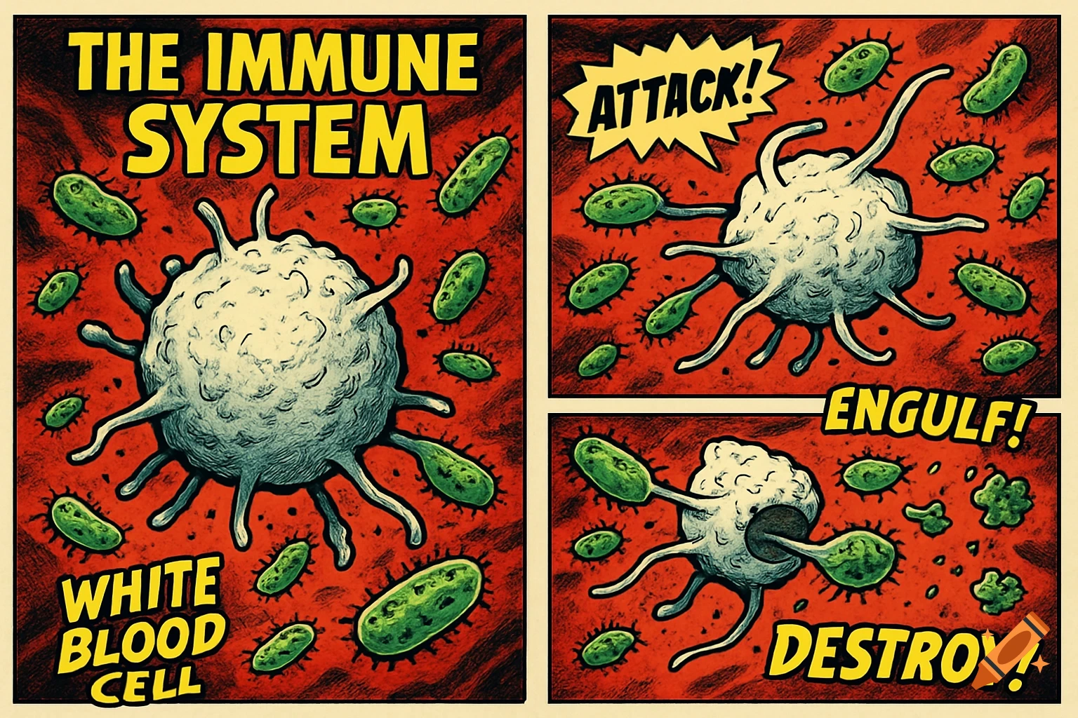 Comic book illustration showing a white blood cell attacking and destroying bacteria.